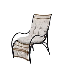 Flynama 3 Piece Black Natural Beige Wicker Outdoor Patio Furniture Set with Lounge Chair Side Table Ottoman and Cushions for Garden Deck Porch