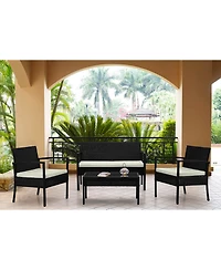 Flynama 4 Piece Black and Cream Outdoor Conversation Patio Set with 2 Armchairs 1 Loveseat and Tempered Glass Coffee Table for Backyard Porch Garden
