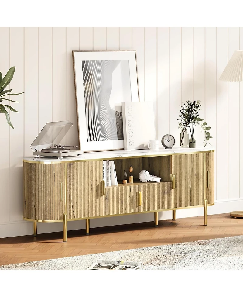 gaomon Luxury 70 in Fluted Tv Stand with Faux Marble Top, Entertainment Center for TVs Up to 80 in