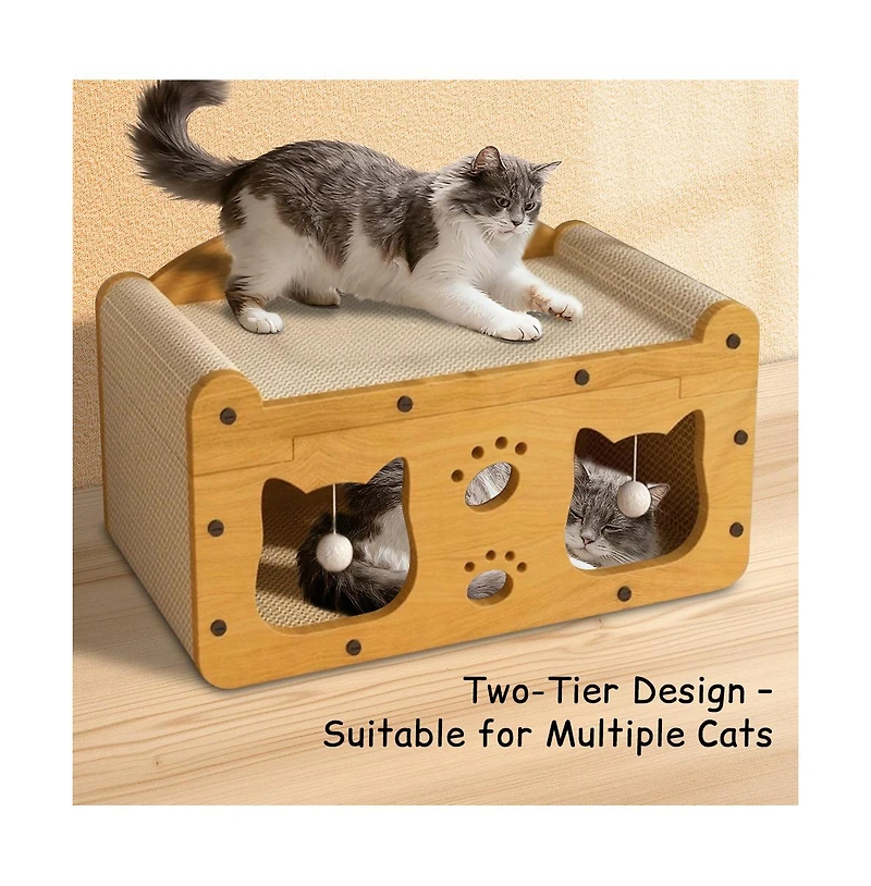 Aostirmotor Multi-Functional Wooden Cat Bed with Scratching Pad & Interactive Toys