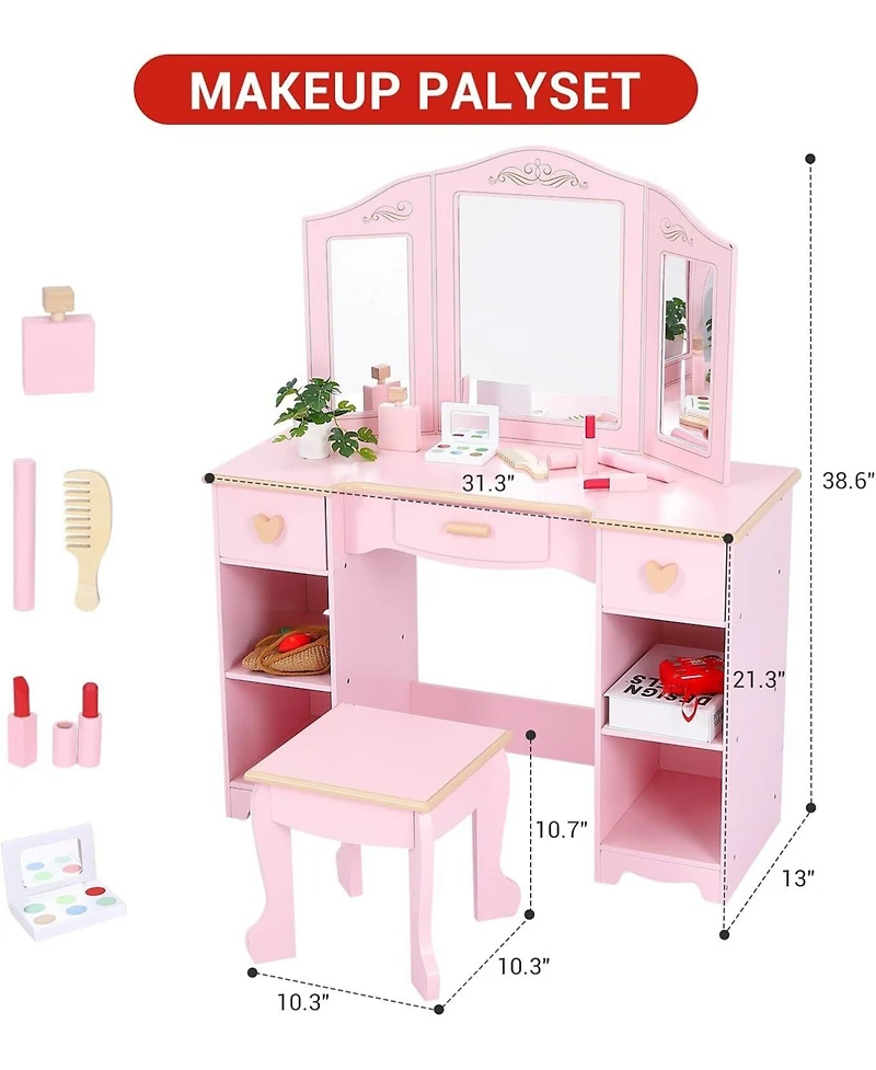Gaomon Pink Kids Princess Luxury Vanity Set, Perfect Gift Dressing Table with Coordinating Stool