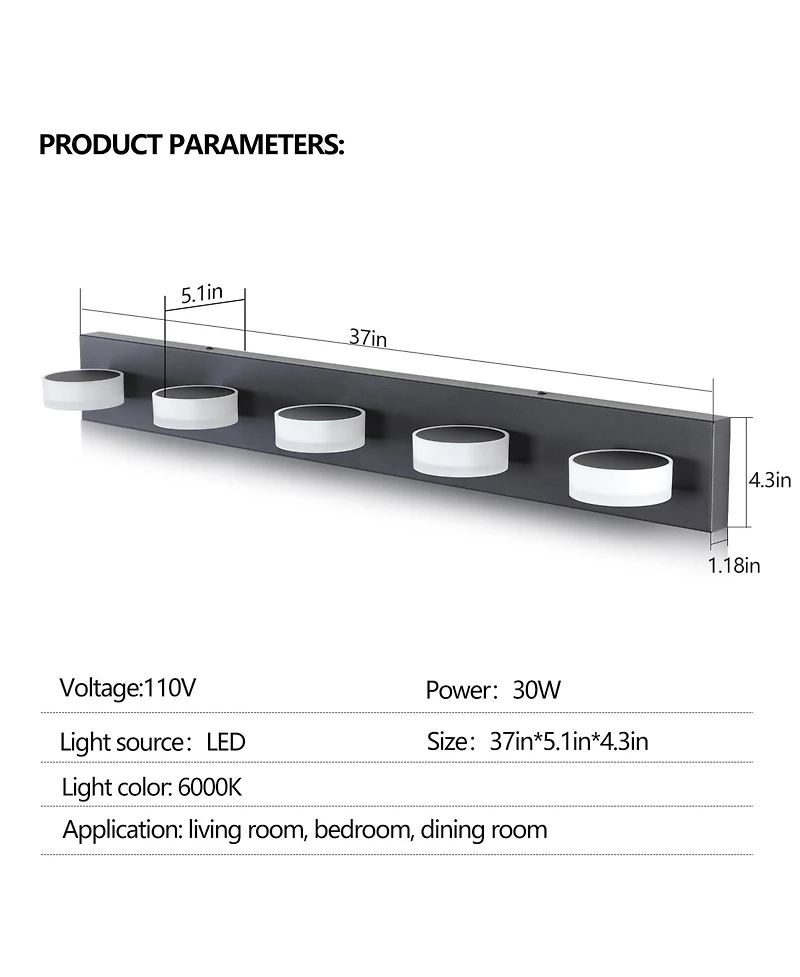 Busdays 37" Modern 5-Light Led Vanity Light, Sleek Black Bathroom Wall Light Fixture for Mirror, Shower, and Bathroom Decor