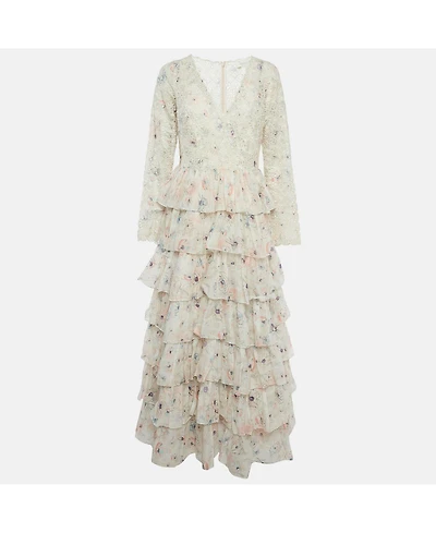 Pre-Owned Zimmermann Women's White Floral Print Broderie Anglaise Tiered Halliday Gown