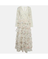 Pre-Owned Zimmermann Women's White Floral Print Broderie Anglaise Tiered Halliday Gown
