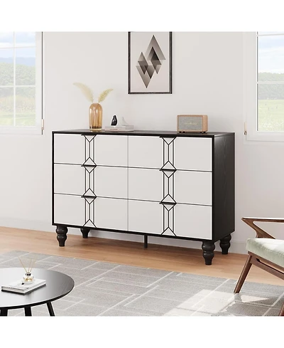 Gaomon Modern Wooden 6 Drawer Dresser with Vintage Pattern Design, Chest Deep Drawers for Bedroom, Living Room and Entryway