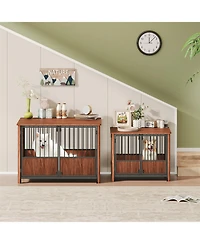 Aostirmotor 43" Furniture Style Dog Crate End Table, Walnut Fluted Wood Pet House for Large Dogs, Double Door Design