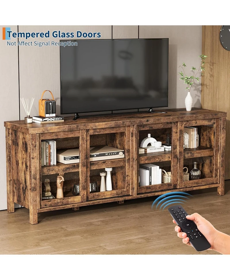 Gaomon 65 inch Tv Stand for 70" TVs, Entertainment Center with Storage Cabinet and 4 Sliding Glass Doors, Brown