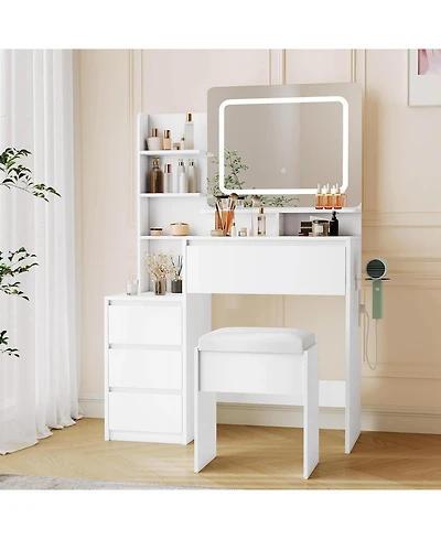 Gaomon White 4-Drawer Vanity Desk Set, Lighted Makeup Table with Power Outlet, Usb Ports & Matching Stool