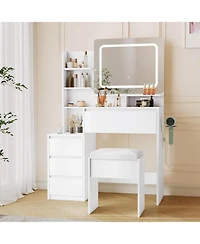 Gaomon White 4-Drawer Vanity Desk Set, Lighted Makeup Table with Power Outlet, Usb Ports & Matching Stool