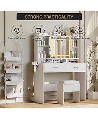 Gaomon White 2-Drawer Vanity Desk, Lighted Makeup Table with Charging Station & Storage Shelves