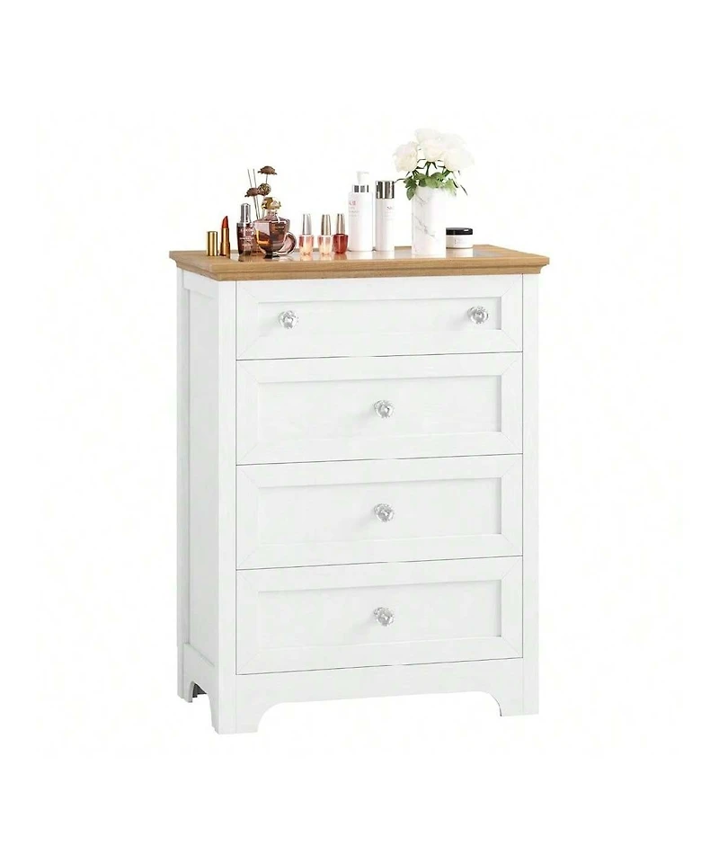 gaomon White 4-Drawer Led Nightstand Dresser, Visible Glass Top Bedside Cabinet with Night Light for Bedroom