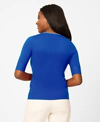 Melissa Paige Petite Whip Stitch Elbow-Sleeve Crewneck Sweater