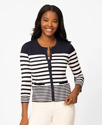 Melissa Paige Petite Mixed Stripe Button Crewneck Cardigan Sweater