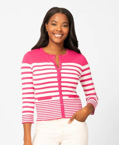 Melissa Paige Petite Mixed Stripe Button Crewneck Cardigan Sweater