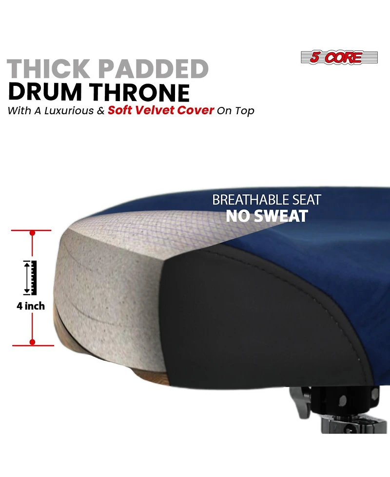 5 Core Drum Throne w Backrest 4" Padded Adjustable 26.5" Drummer Stool Velvet Top 441Lb Capacity