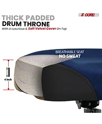 5 Core Drum Throne w Backrest 4" Padded Adjustable 26.5" Drummer Stool Velvet Top 441Lb Capacity