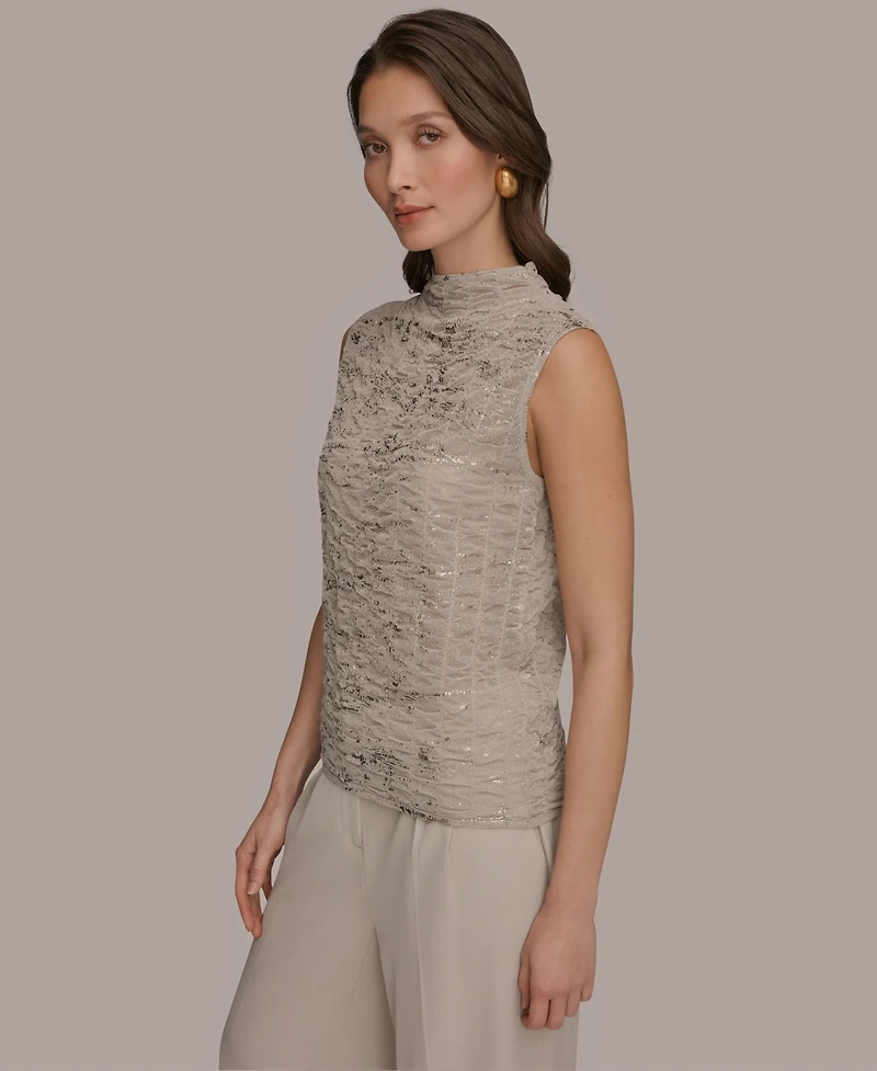 Donna Karan New York Women's Mock Neck Foil Printed Ruched Sweater
