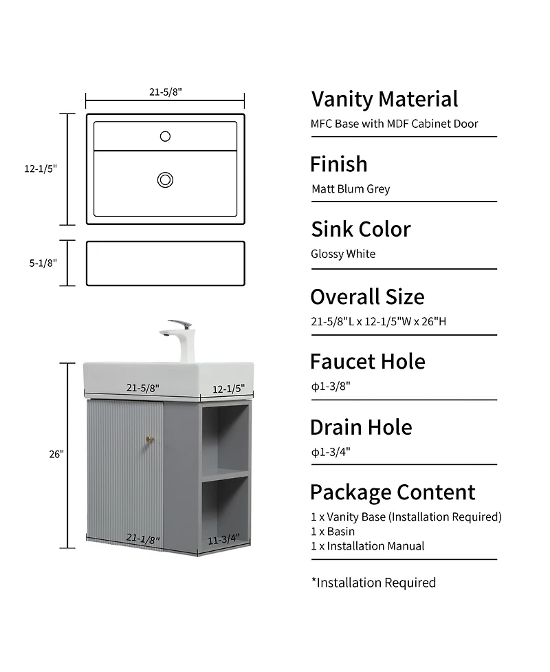 Busdays 21.6" Wall Mounted Vanity with Ceramic Sink & Right Shelf, Grey