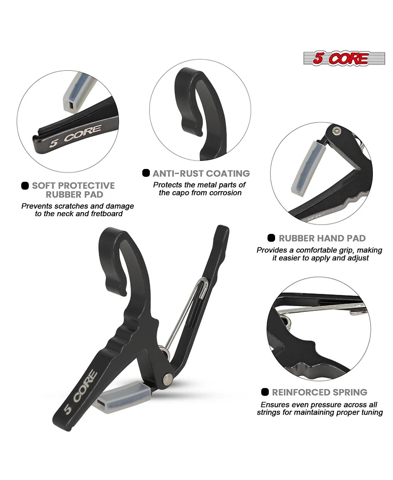5 Core Guitar Capo Pair Quick Change Acoustic Electric String Clip Banjo Mandolin Or Ukulele Black