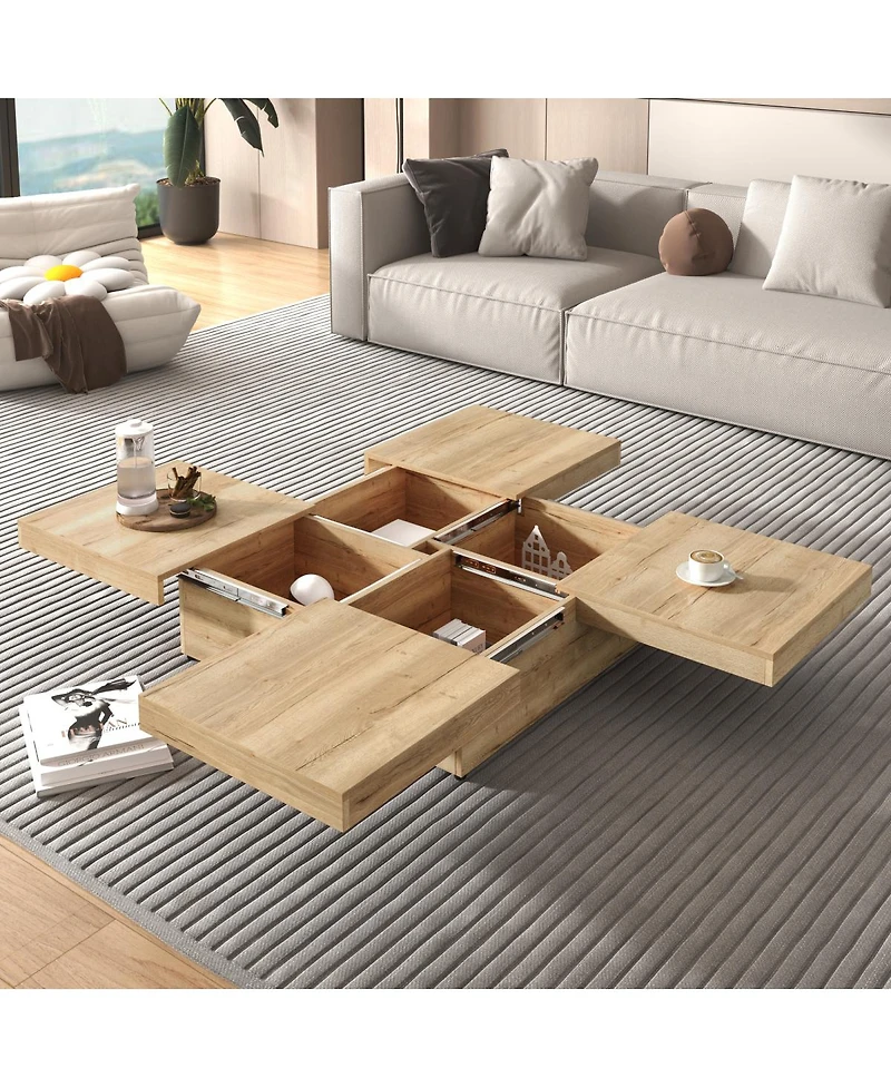 Streamdale Furniture Square Veneer Coffee Table Sliding Top with Storage Natural Wood Grain 39.4"