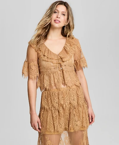 And Now This Women's Lace Short-Sleeve V-Neck Ruffle Woven Top, Macy's Exclusive