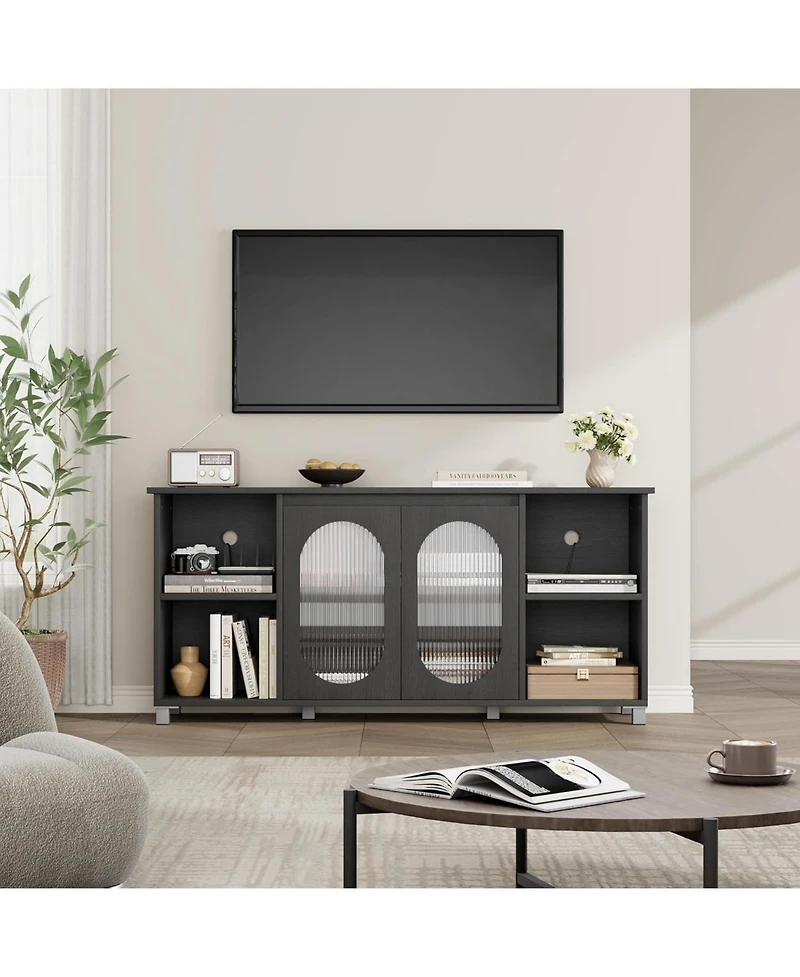 gaomon 70 Inch Tv Stand with Corrugated Glass Doors, Rustic Entertainment Center for Living Room