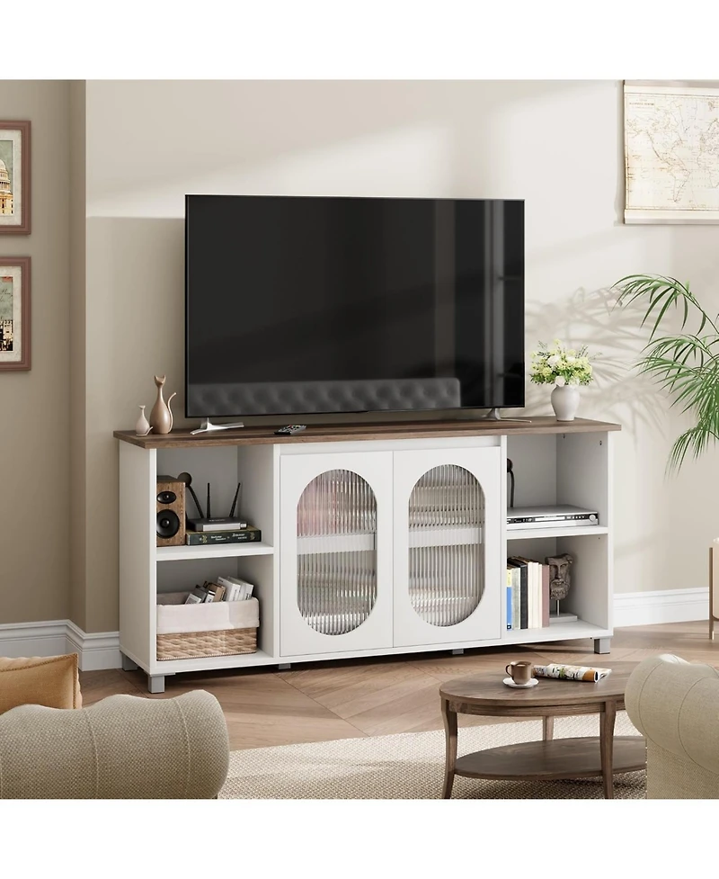 gaomon 70 Inch Tv Stand with Corrugated Glass Doors, Rustic Entertainment Center for Living Room