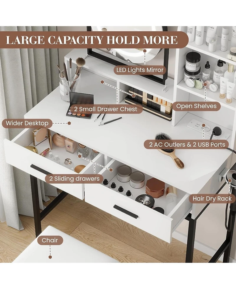 Gaomon Black 2-Drawer Lighted Vanity Set, Versatile Makeup Desk for Bedroom & Dressing Room