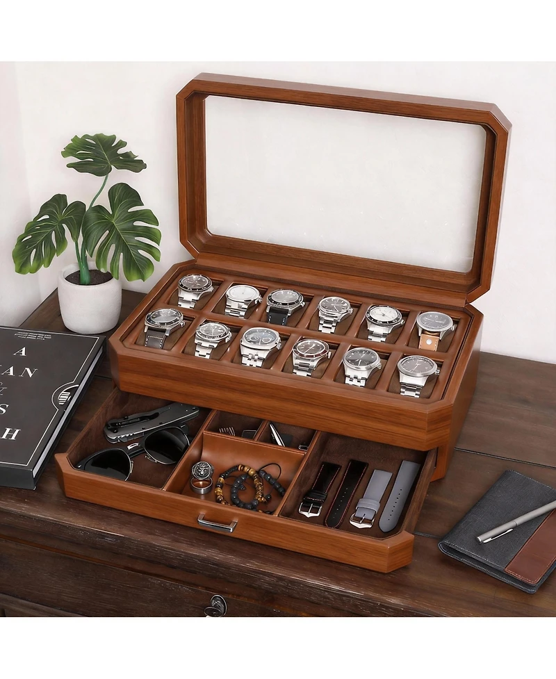 Yigii Luxury Watch Box - 12 Watches, Pu Leather, Glass Lid, Accessory Drawer