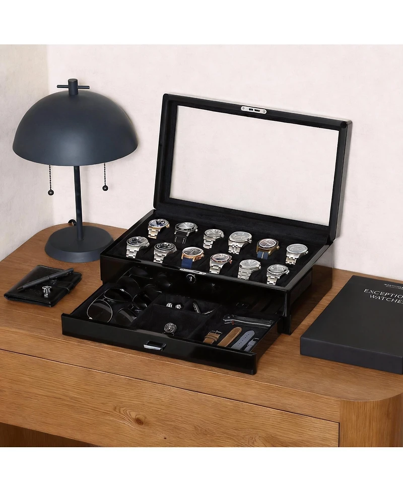 Yigii Luxury Watch Box - 12 Watches, Pu Leather, Glass Lid, Accessory Drawer