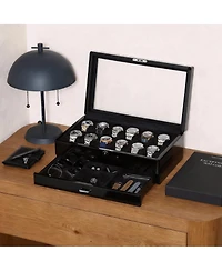 Yigii Luxury Watch Box - 12 Watches, Pu Leather, Glass Lid, Accessory Drawer