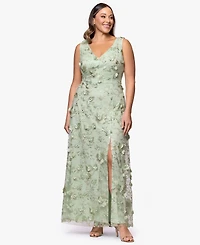 Xscape Plus A-Line Raised Flower V-Neck Ball Gown