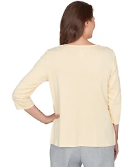 Alfred Dunner Petite Asymmetrical Floral Embroidered Split Neck Top