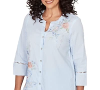 Alfred Dunner Petite Striped Floral Embroidered Button-Down Top