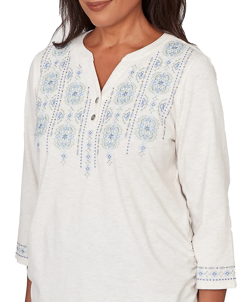 Alfred Dunner Petite Medallion Embroidered Ruched Split Neck Henley Top