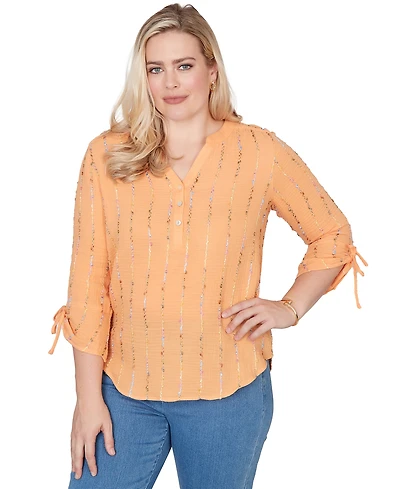 Alfred Dunner Petite Eyelash Gauze Textured Tie Sleeve Split Neck Top