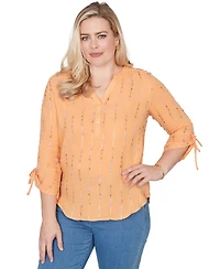 Alfred Dunner Petite Eyelash Gauze Textured Tie Sleeve Split Neck Top