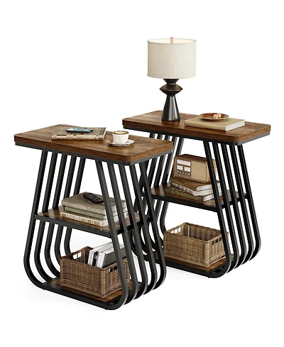 Tribesigns End Table for Living Room Set of 2, 3-Tier Side Table for Small Spaces, Industrial Narrow Side Table with Storage Shelf