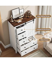 gaomon Farmhouse 5 Drawer Dresser for Bedroom, Wood Dresser Chest of Drawer with Sliding Barn Door, Adjustable Shelf
