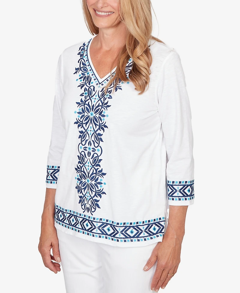 Alfred Dunner Petite Mykonos Scroll Embroidered V-Neck Top