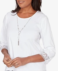 Alfred Dunner Petite The Royal Treatment Embellished Lace Trim Top with Necklace