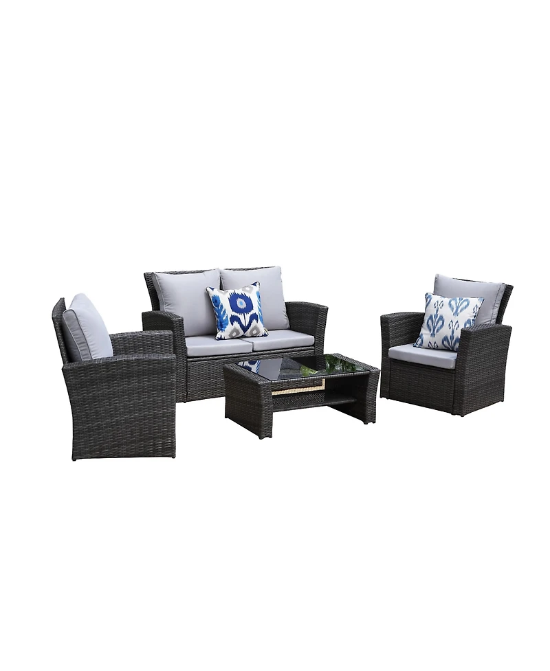 Flynama 4 Pieces Pe Rattan Wicker Outdoor Patio Furniture Set with Grey Cushions Steel Frame Tempered Glass Coffee Table