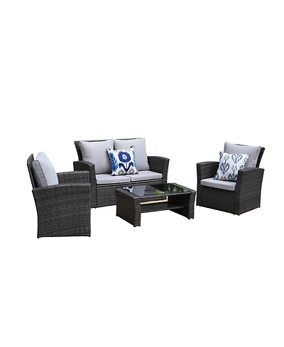 Flynama 4 Pieces Pe Rattan Wicker Outdoor Patio Furniture Set with Grey Cushions Steel Frame Tempered Glass Coffee Table