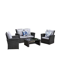 Flynama 4 Pieces Pe Rattan Wicker Outdoor Patio Furniture Set with Grey Cushions Steel Frame Tempered Glass Coffee Table