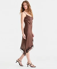 Bar Iii Women's Satin Lace-Trim Asymmetric-Hem Dress, Macy's Exclusive