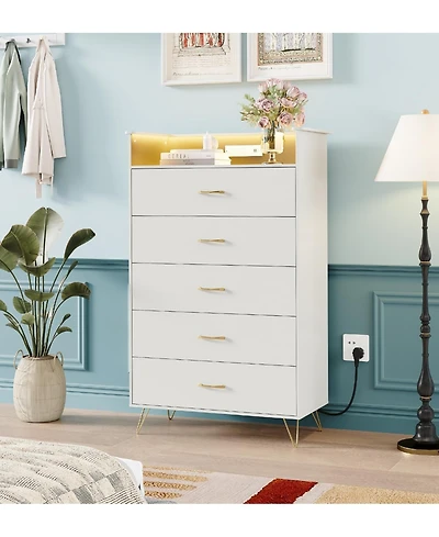 gaomon Modern 5-Drawer Tall Dresser for Bedroom, Wood Chest of Drawers with Silent Closing Slides, Water-Resistant White Storage Organizer