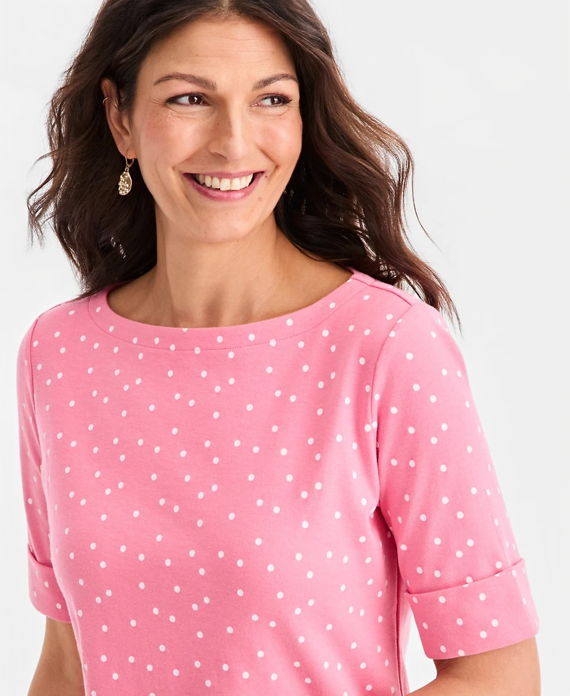 Style & Co Women's Printed Boat-Neck Elbow-Sleeve Top