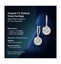 Sterling Silver with White Gold Plated Clear Round Cubic Zirconia Haloed Solitaire Drop Earrings