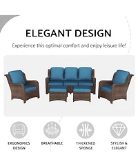 Flynama 5 Piece Rattan Outdoor Sectional Conversation Set 3 Seat Couch 2 Single Chairs 2 Ottomans Bron Peacock Blue for Lawn Balcony Garden Backyard
