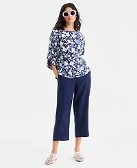 Charter Club Womens 100 Linen Solid Cropped Pull On Pants Created For Macys